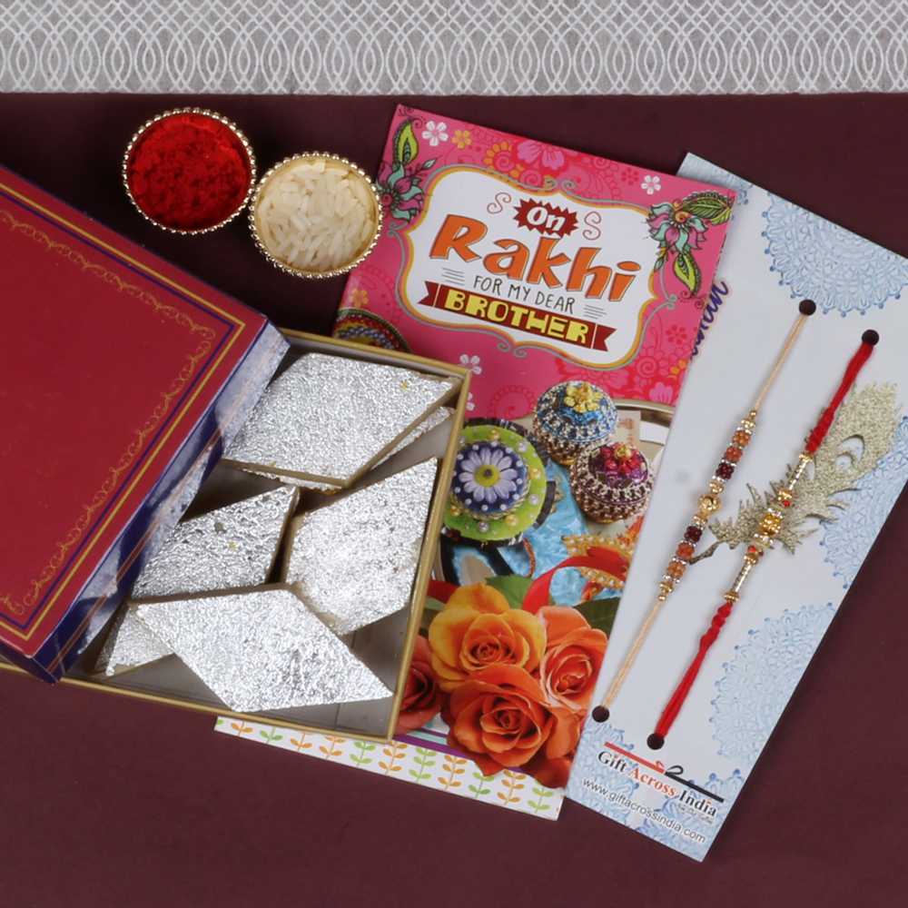 Two Rakhi with Kaju Katli and Card