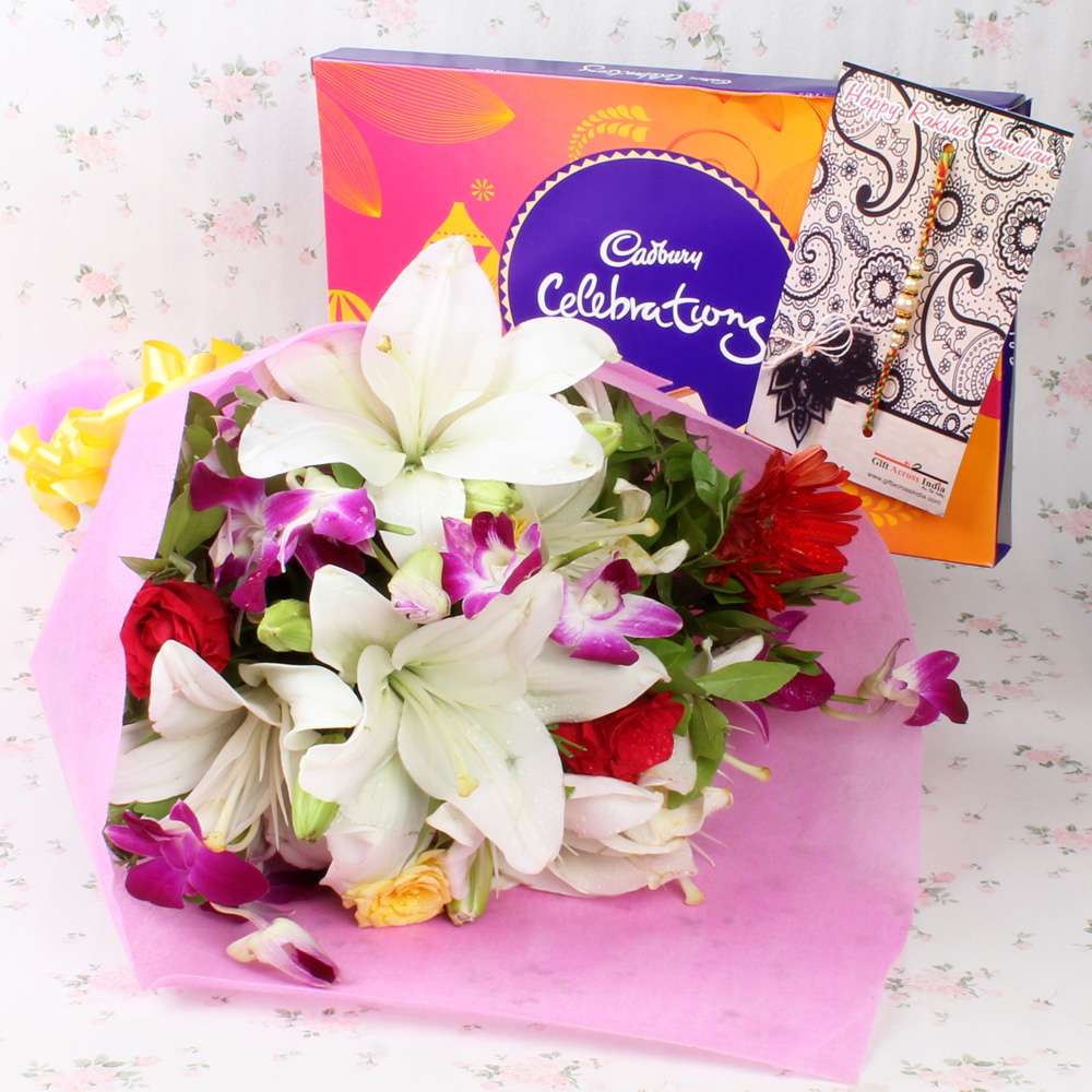 Mix Exotic Bouquet with Cadbury Celebration Chocolate and Rakhi