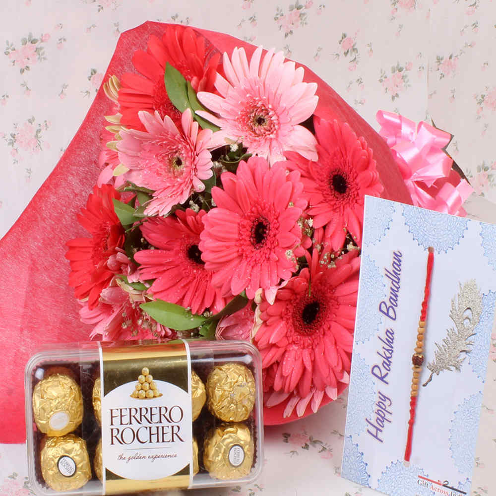 Rakhi with Rocher Chocolate and Pink Gerberas Bunch