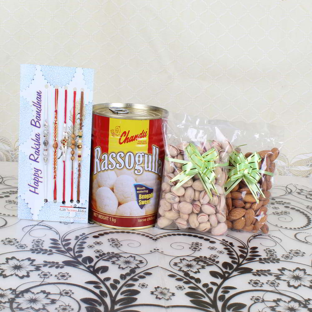 Express Delivery of Set of 5 Rakhis with Rassogulla and Pistachio Almond