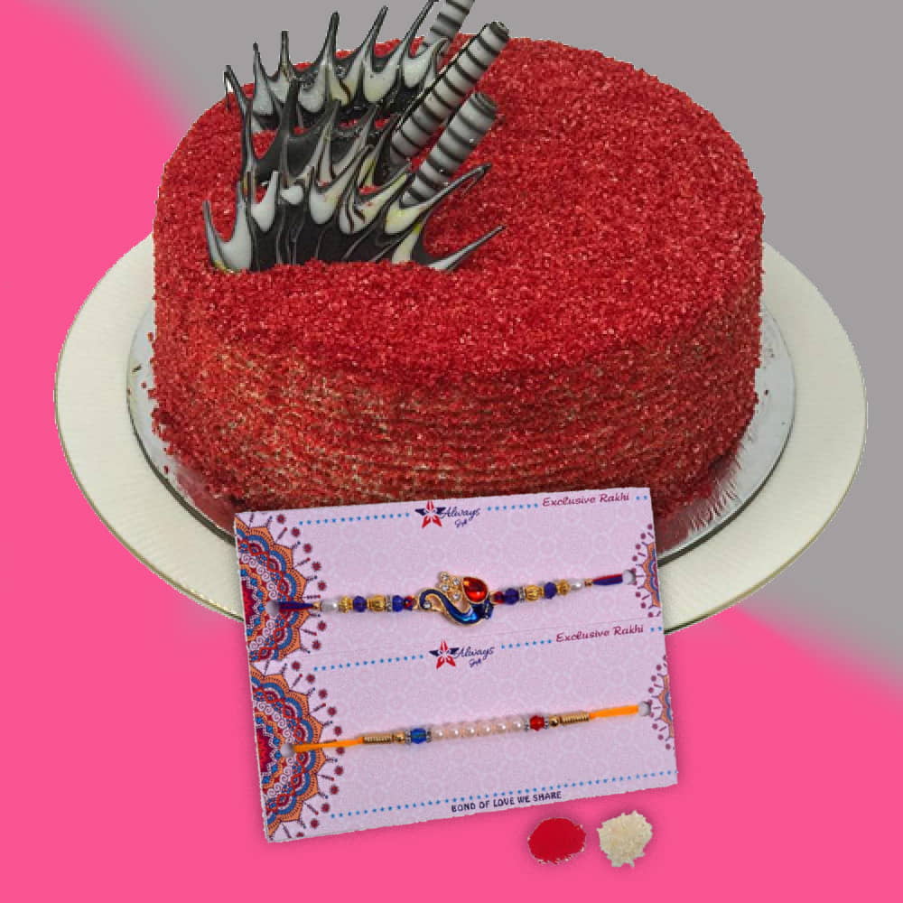 Red Valvate Cake with Two Rakhis