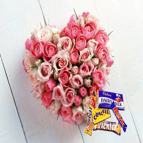 35 Roses Heart Arrangement and Chocolates