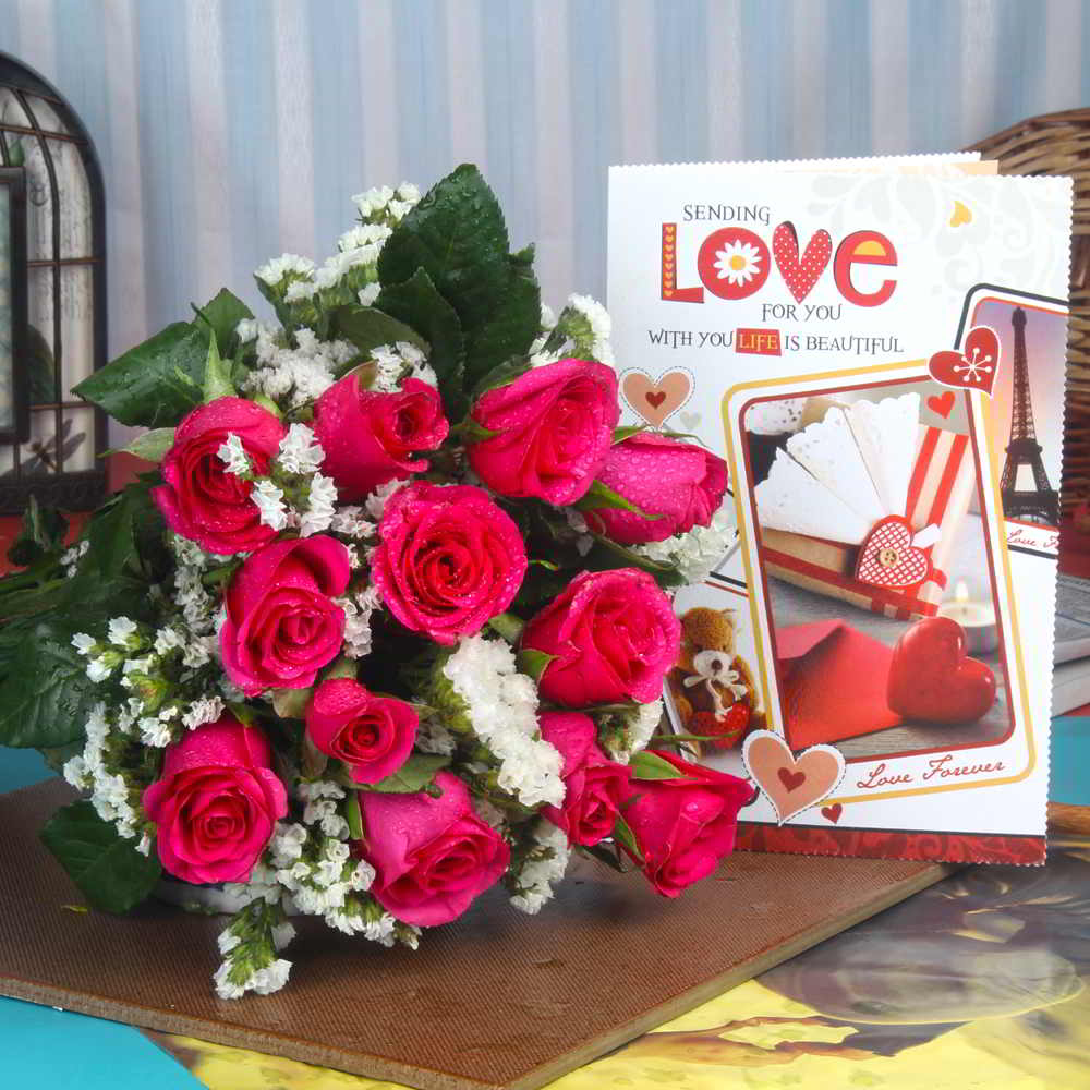 Love Greeting Card and Beautiful Pink Roses Bouquet