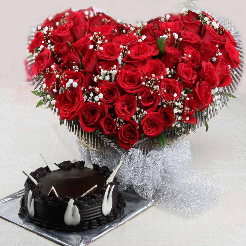 Valentine Heart Shaped Red Roses Basket with Chocolate Cake