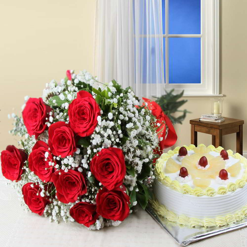 Valentine Gift of Ten Red Roses Bouquet with Half Kg Pineapple Cake