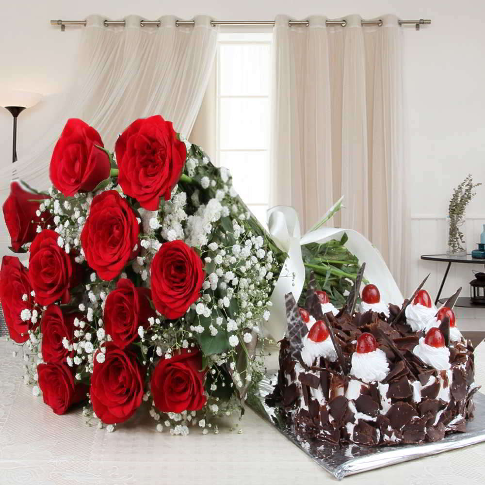 Love Gift of Black Forest Cake and Red Roses Bouquet