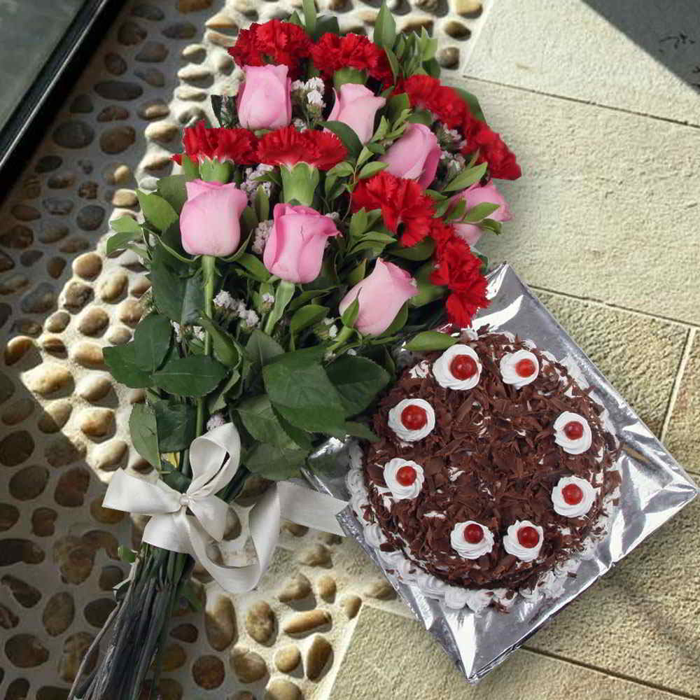 Love Gift of Delicious Black Forest Cake and Mix Flowers Bouquet