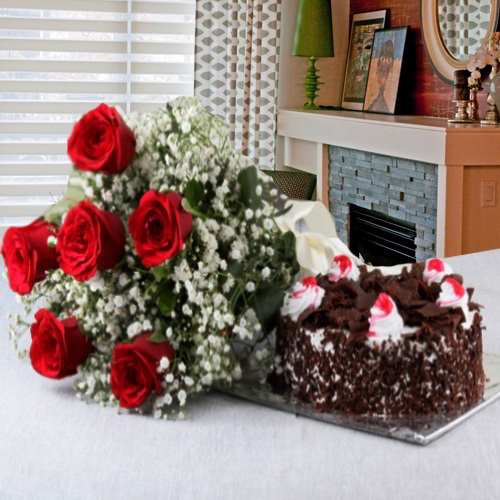 Valentine Perfect Gift of Black Forest Cake with Red Roses Bouquet