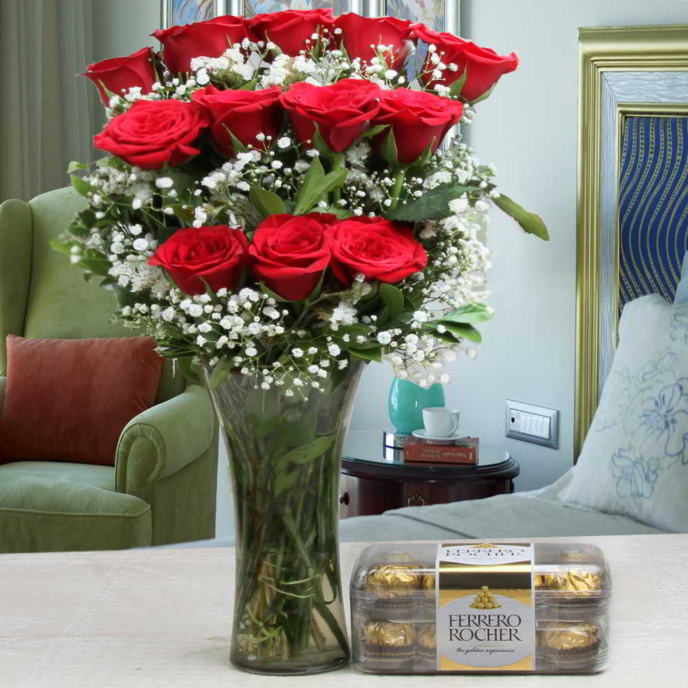 Valentine Love Gift of Ferrero Rocher Chocolate Box and Red Roses