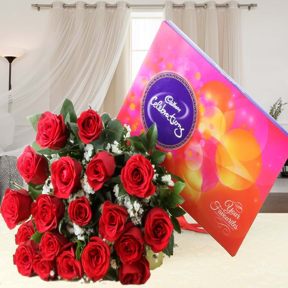Valentine Perfect Gift of Red Roses Bouquet with Cadbury Celebration Chocolate Pack