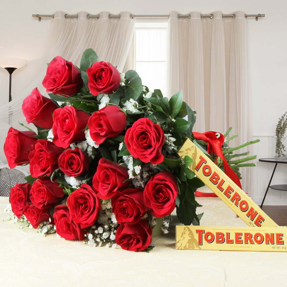 Valentine Gift of Eighteen Red Roses Bouquet with Toblerone Chocolates