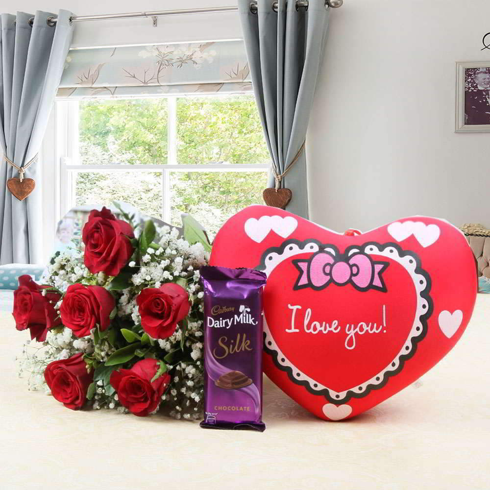 Love Gift of Fresh Red Roses and Heart Small Cushion with Cadbury Dairy Milk Silk
