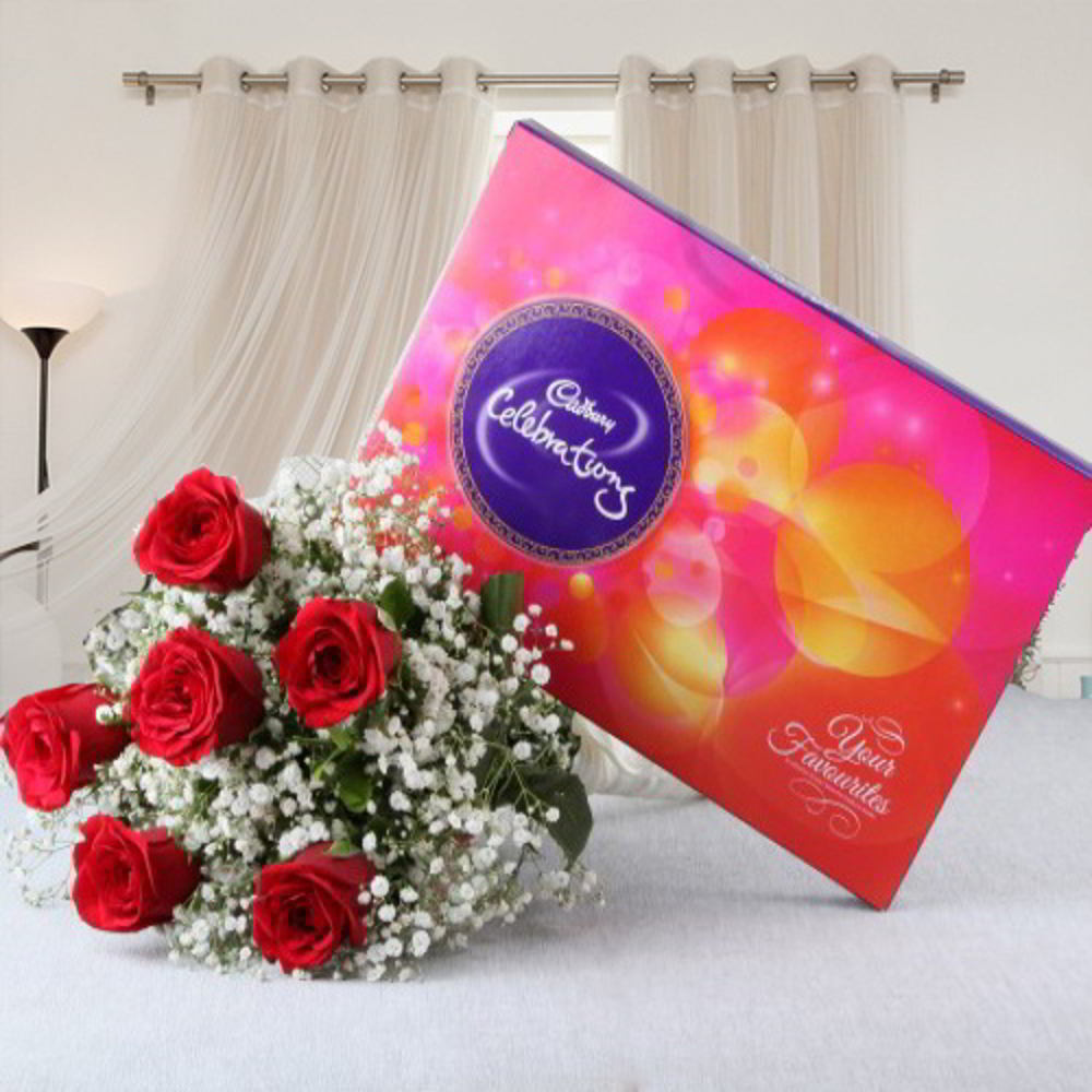 Valentine Gift of Celebration Chocolate with Red Roses Bouquet