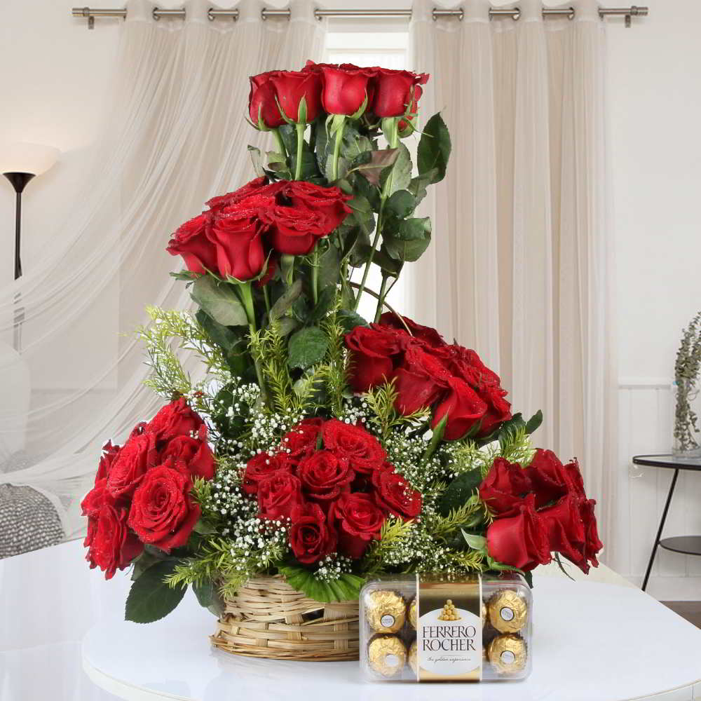 Valentine Love Gift of Ferrero Rocher Chocolate with Designer Red Roses in Basket