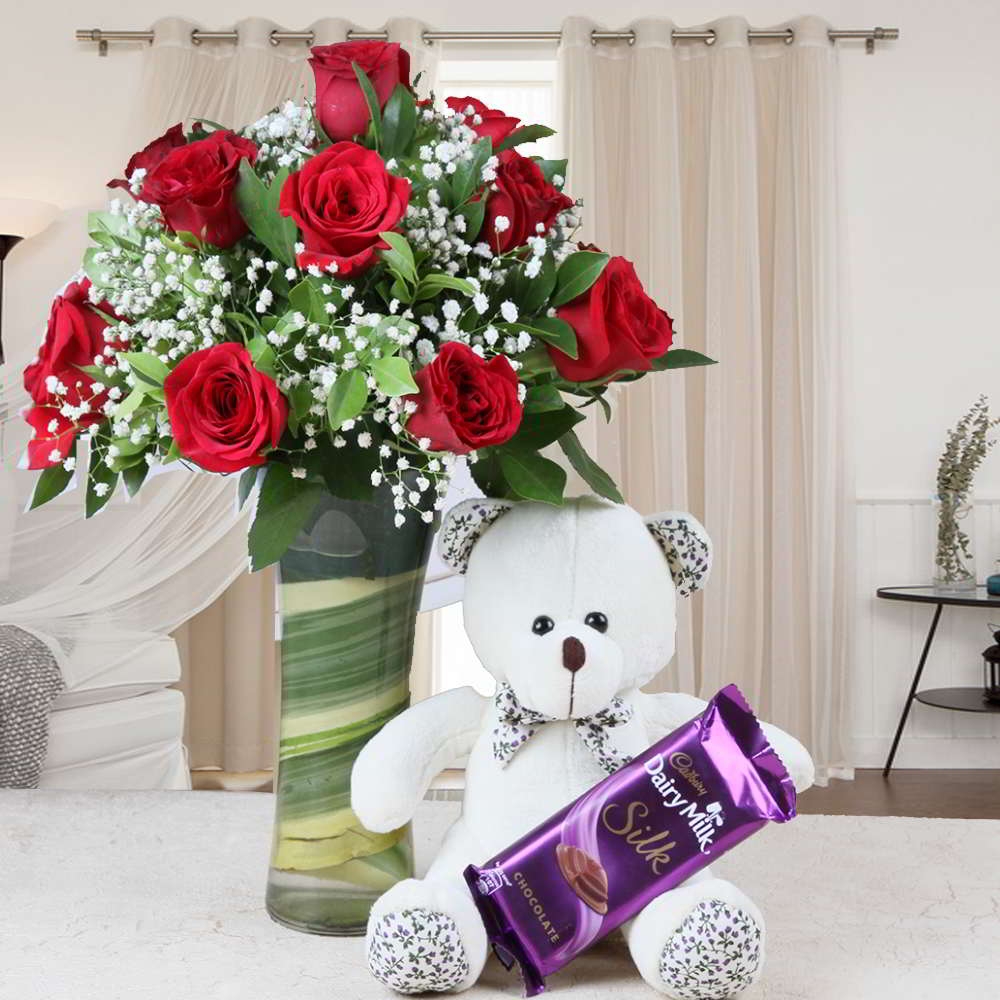 Valentine Romantic Gift of Teddy Bear and Chocolate with Vase of Red Roses