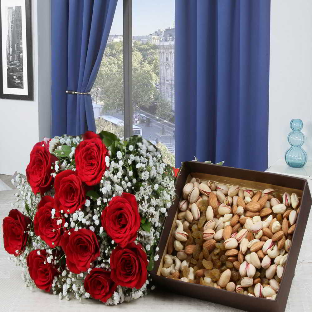 Valentine Gift of Red Roses Bouquet with Mixed Dryfruits