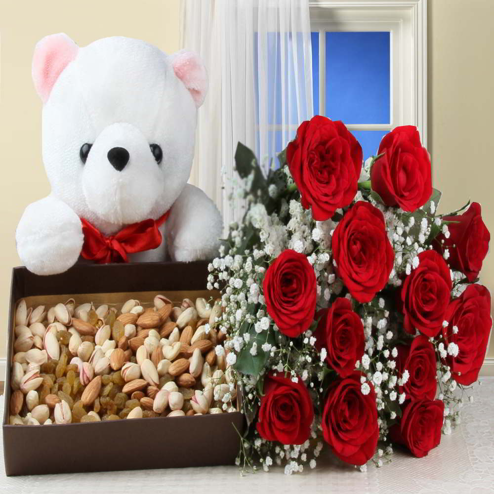Valentine Healthy Combo of Dry Fruits Box and Red Roses with Teddy Bear