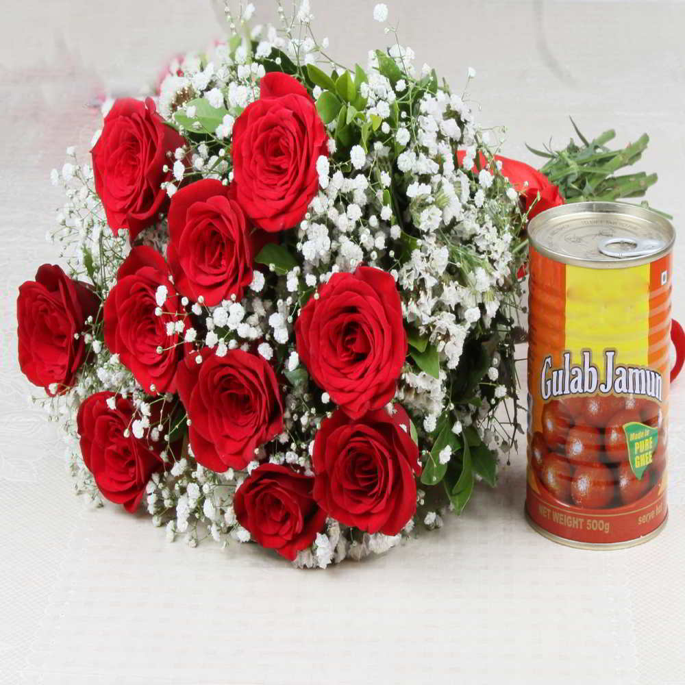 Ten Red Roses with Gulab Jamun For Valentine