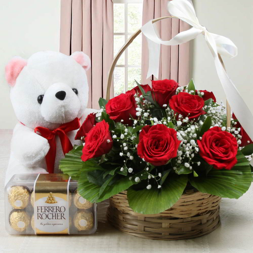 Valentine Gift Basket of Roses with Teddy and Ferrero Rocher Chocolate