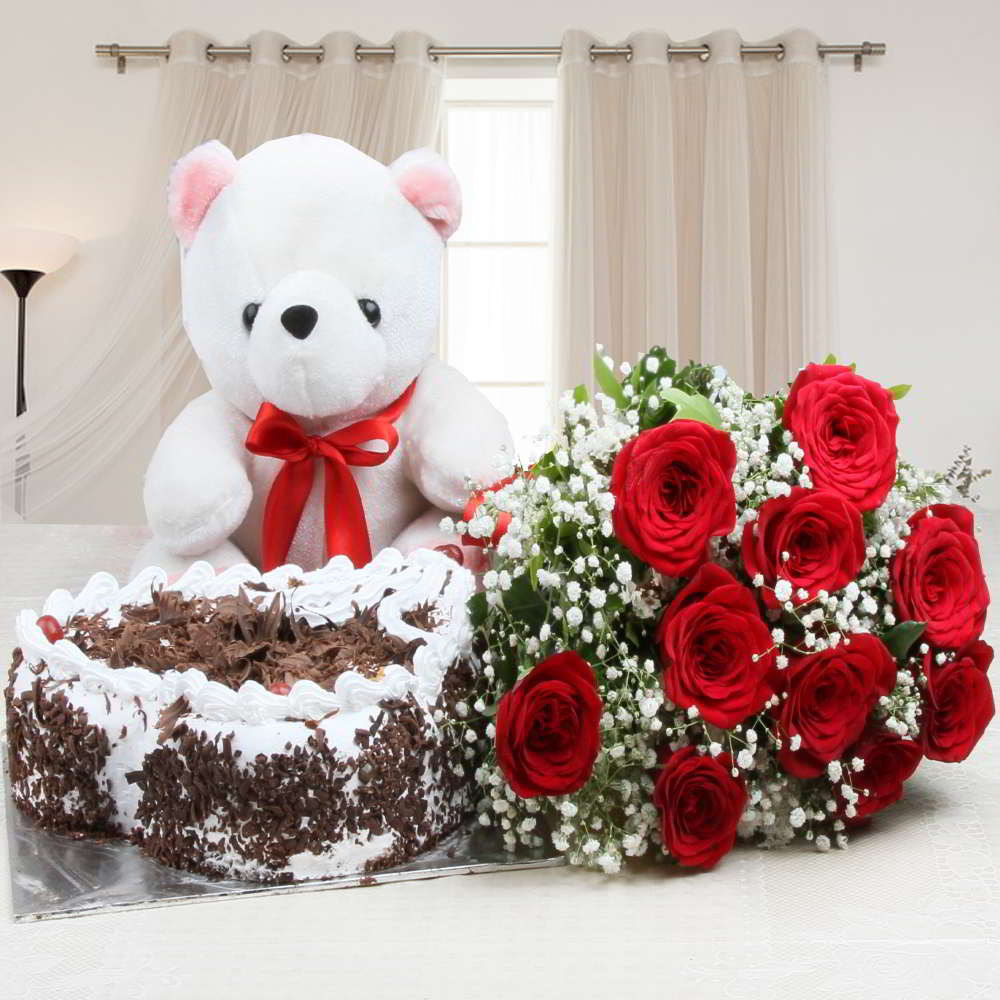 Valentine Complete Hamper of Cake with Roses and Teddy