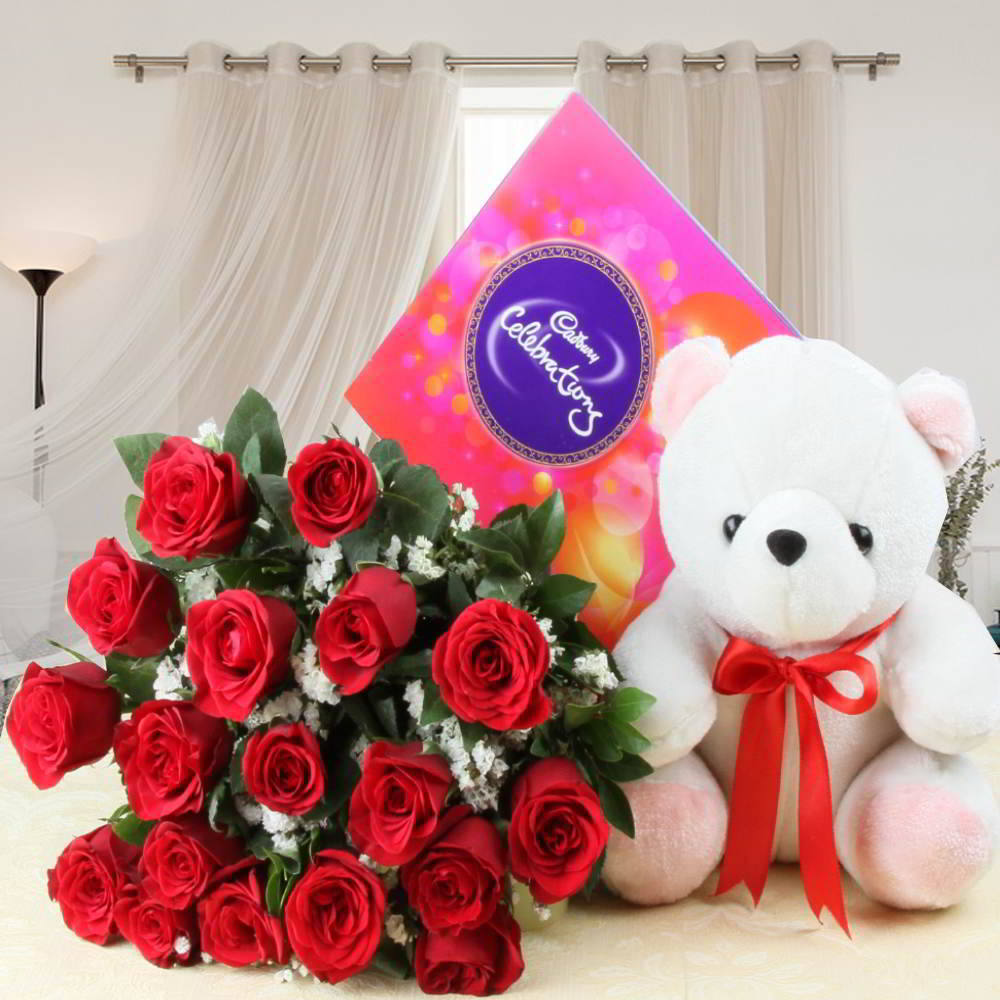 Celebration Chocolate Pack and Red Roses with Teddy For Valentines Day