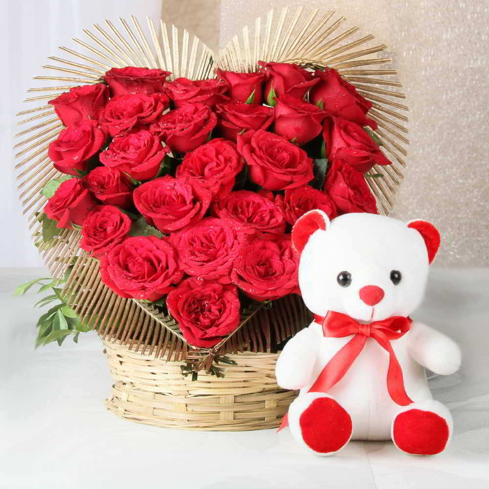 Valentine Combo of Cute Bear with Heart Shape Red Rose Arrangement