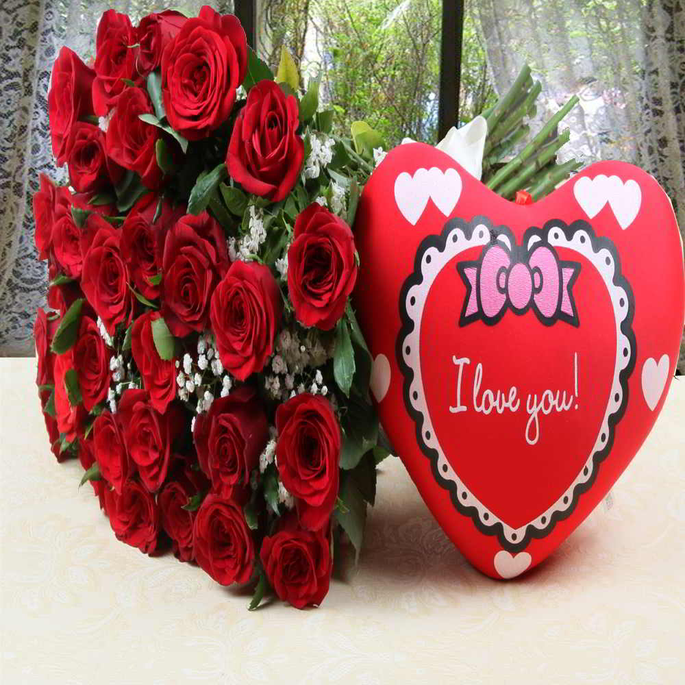 Valentine Hamper of Heart Shape Small Cushion with Red Roses Bouquet