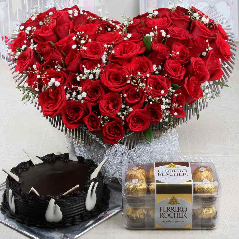 Valentine Roses Arrangement with Chocolate Cake and Ferrero Rocher Box