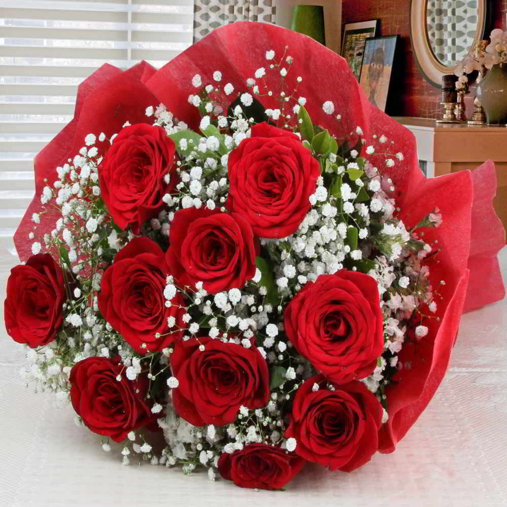 Beautiful Ten Red Roses Wrapped in Tissue For Valentines Day