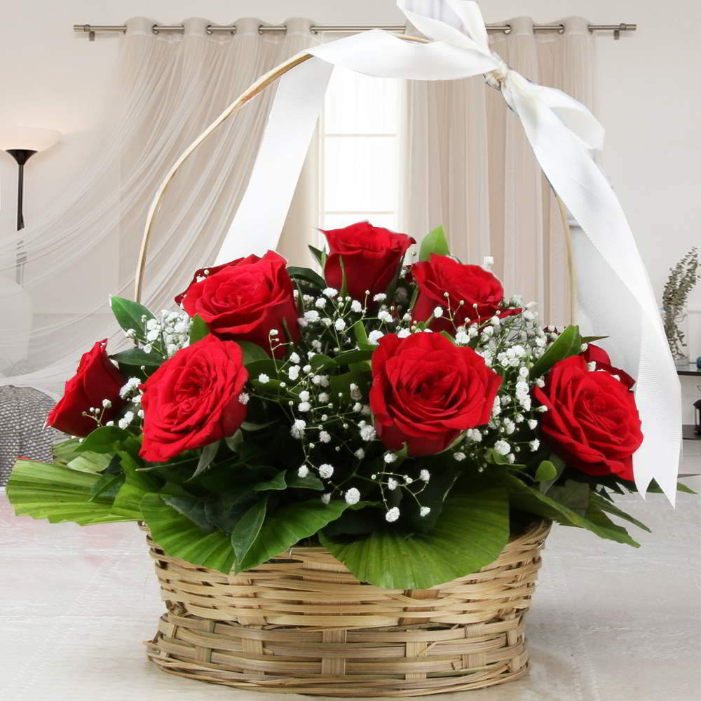 Adorable Basket Arrangement of Red Roses For Valentines Day