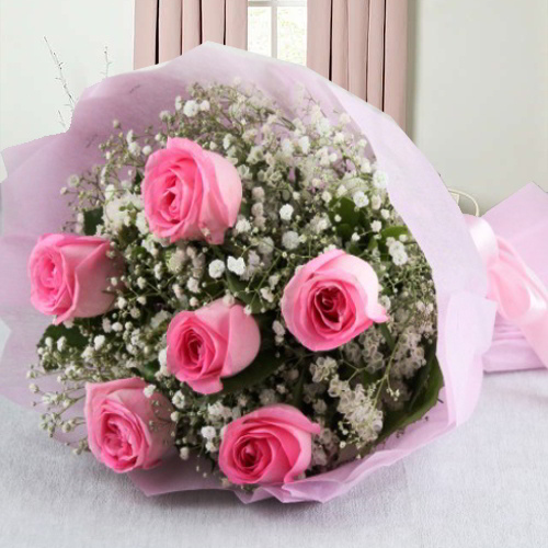Valentine Love Bouquet of Six Pink Roses