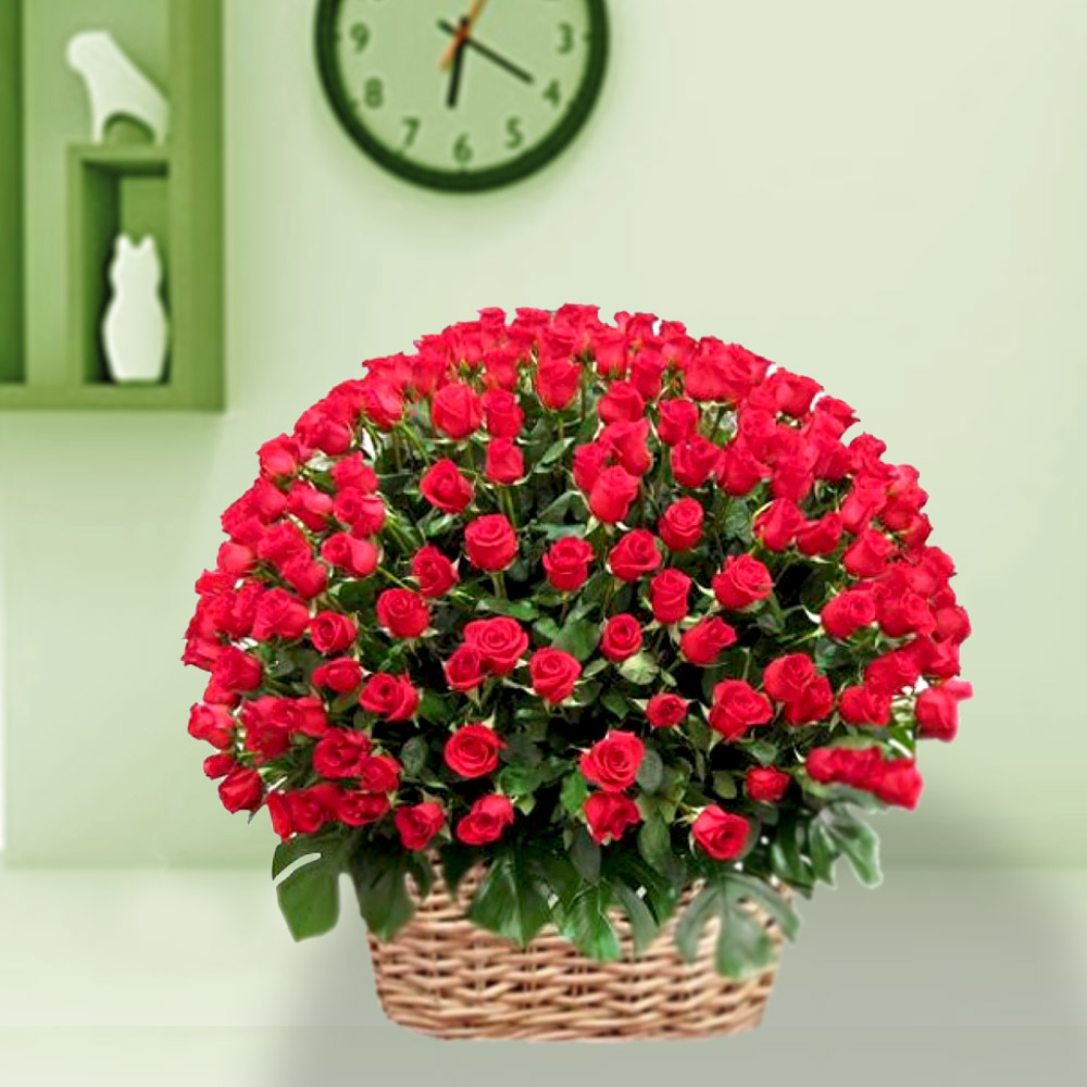 Valentines Day Basket of 100 Red Roses