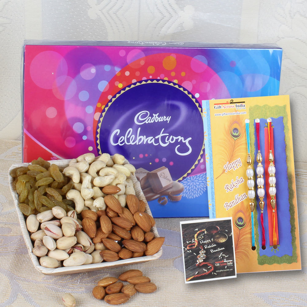  Dry fruits with Celebration Chocolate Pack and Three Rakhi