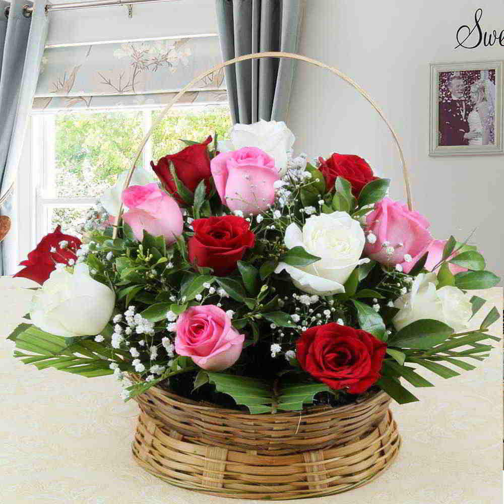 Basket of Colorful Fresh Ten Roses  