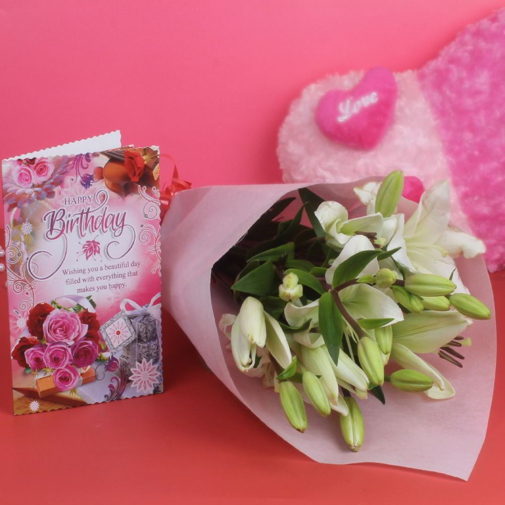 Six Lillies Bouquet with Birthday Card for Mumbai