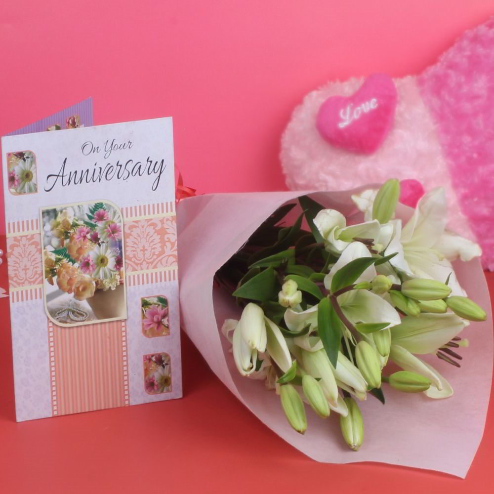 Anniversary Lillies Bouquet with Greeting Card for Mumbai
