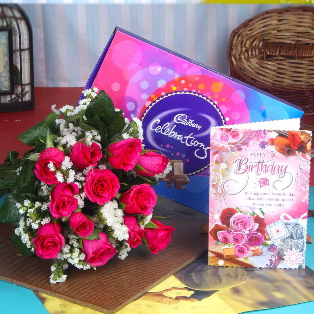 Birthday Celebration Chocolates with Pink Roses and Card for Mumbai