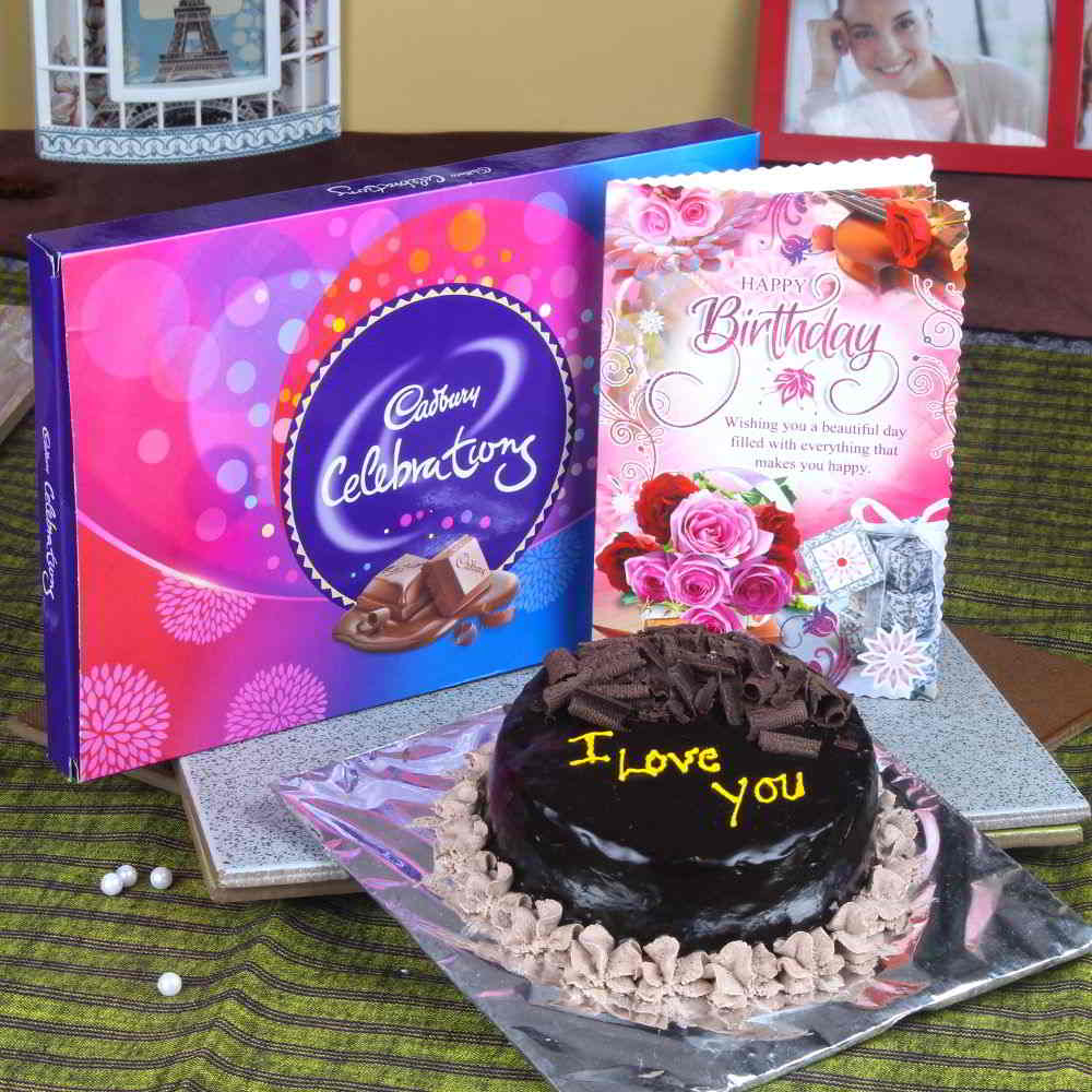 Chocolate Cake and Celebration Pack with Birthday Greeting Card for Mumbai