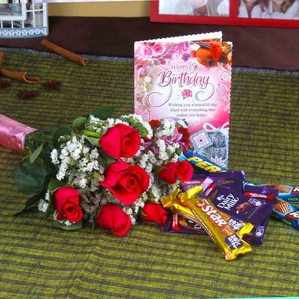 Red Roses with Assorted Chocolates and Birthday Card for Mumbai