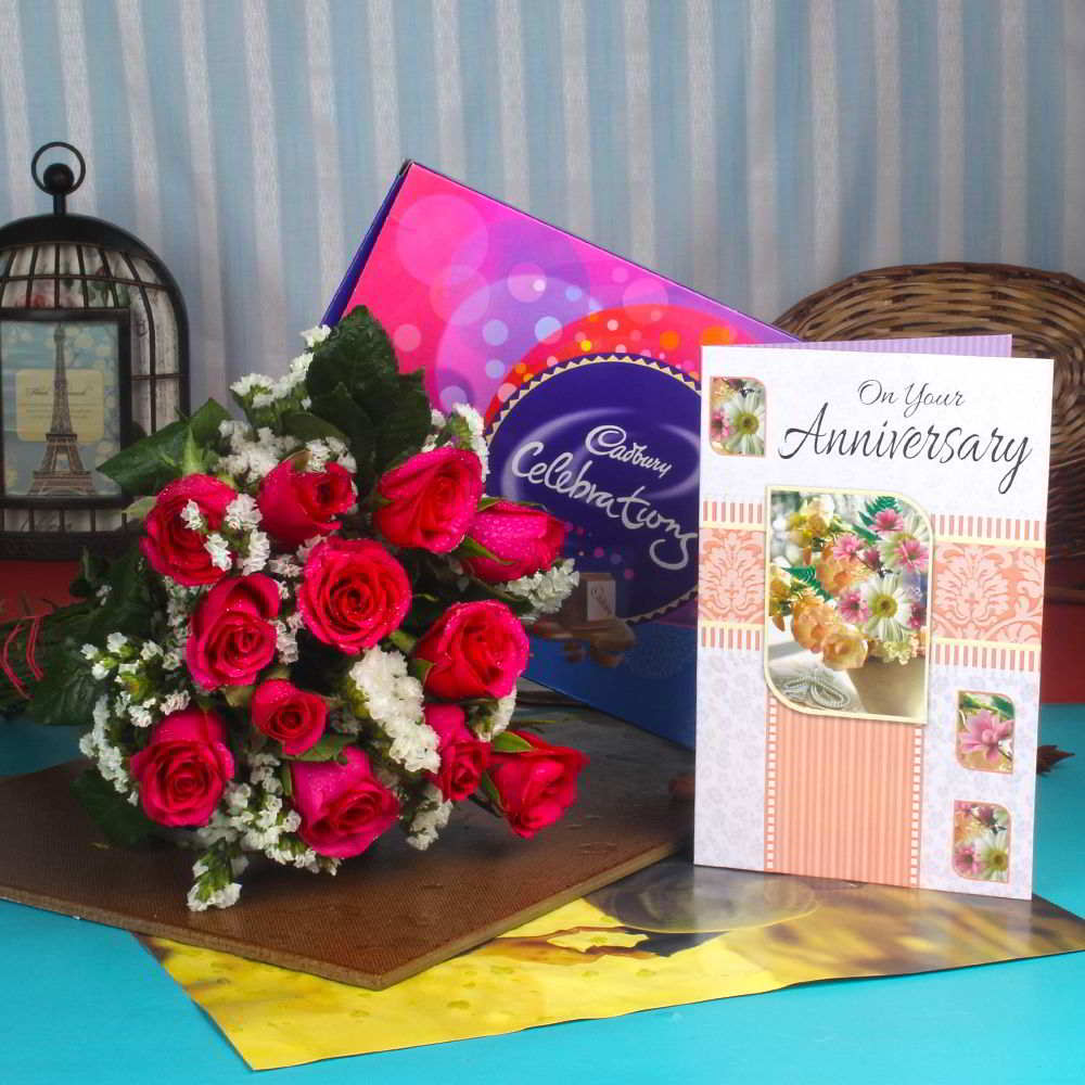 Anniversary Celebration Chocolate Combo with Fresh Roses and Greeting Card for Mumbai