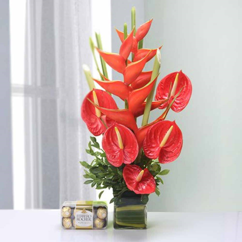 Vase of 5 Red Anthurium and 2 Big Bird with 16 Pcs Ferrero Rocher Box for Mumbai