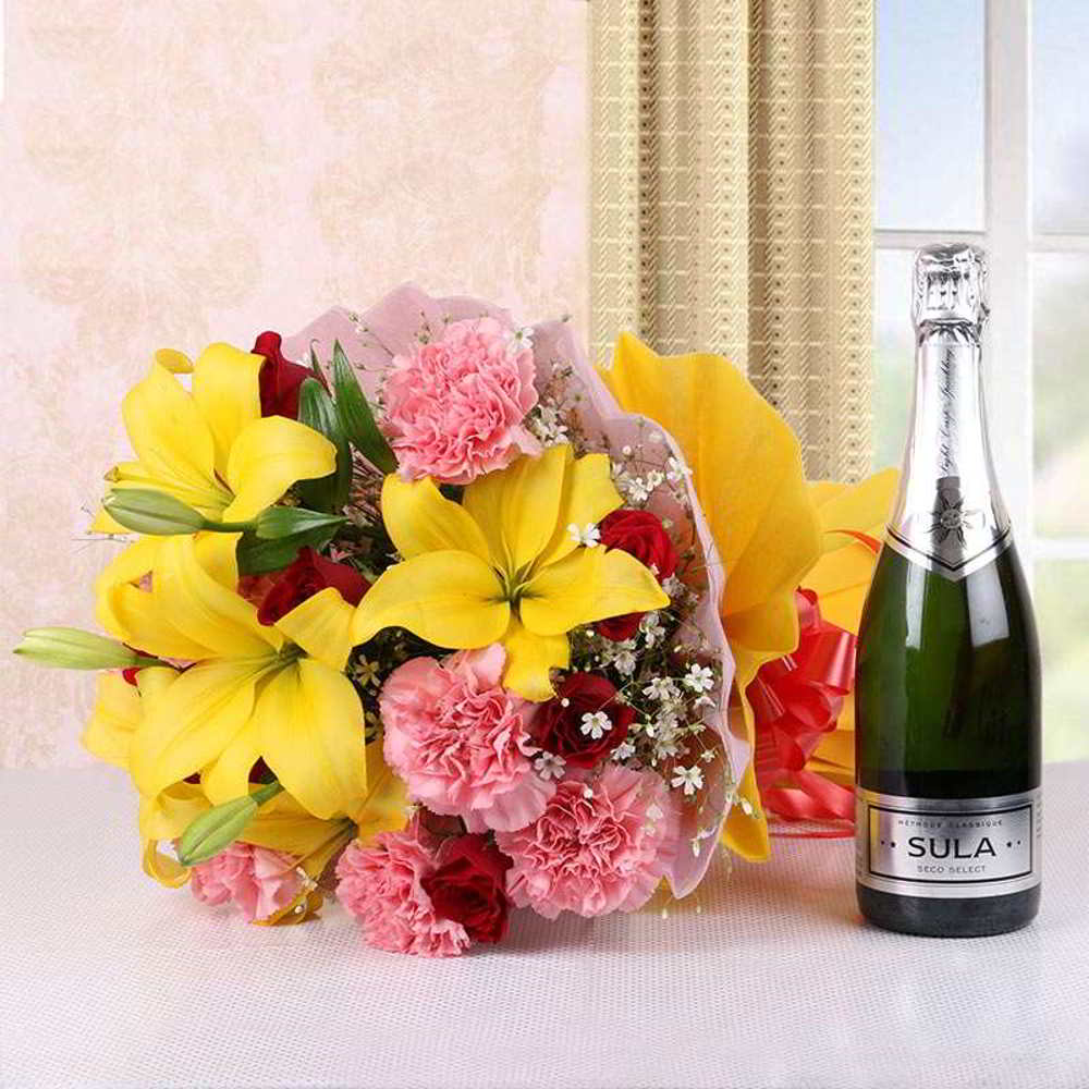 Mix Seasonal Flowers Bouquet with Wine Bottle for Mumbai
