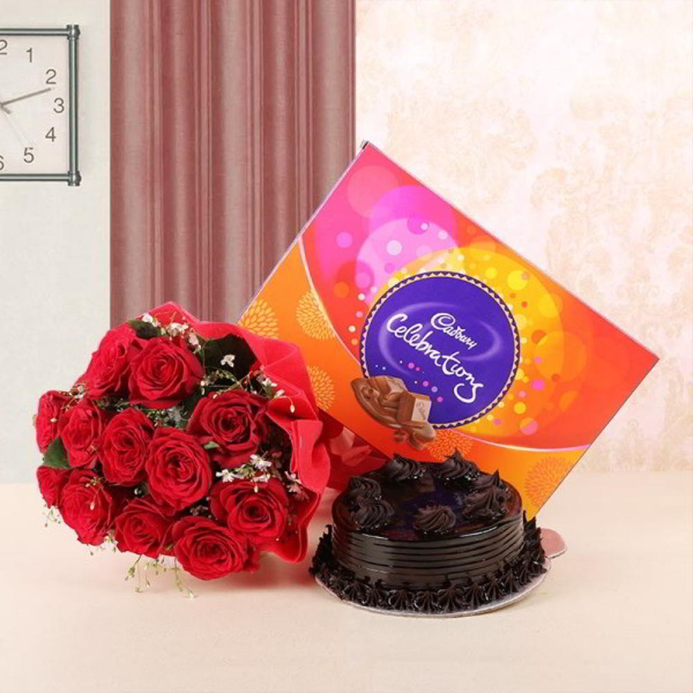 Hamper of Roses and Cake with Celebration Pack for Mumbai