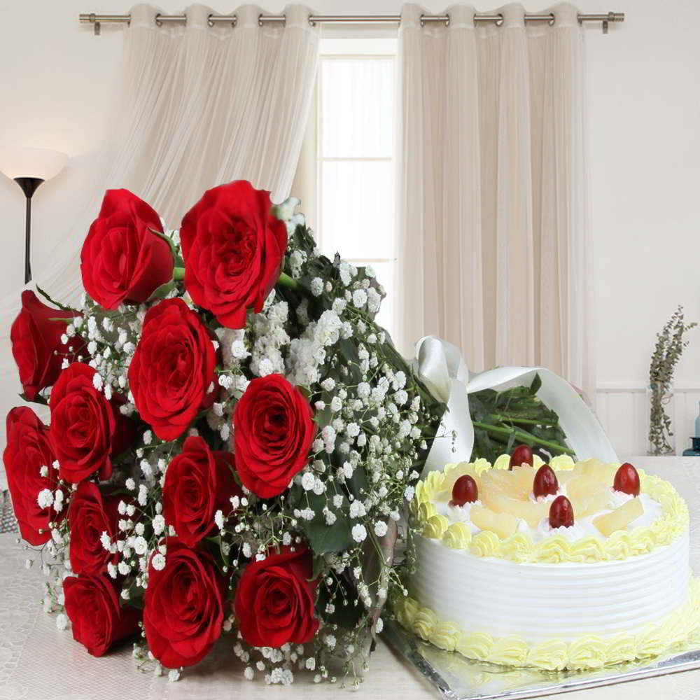 Combo of Roses Bouquet with Pineapple Cake for Mumbai