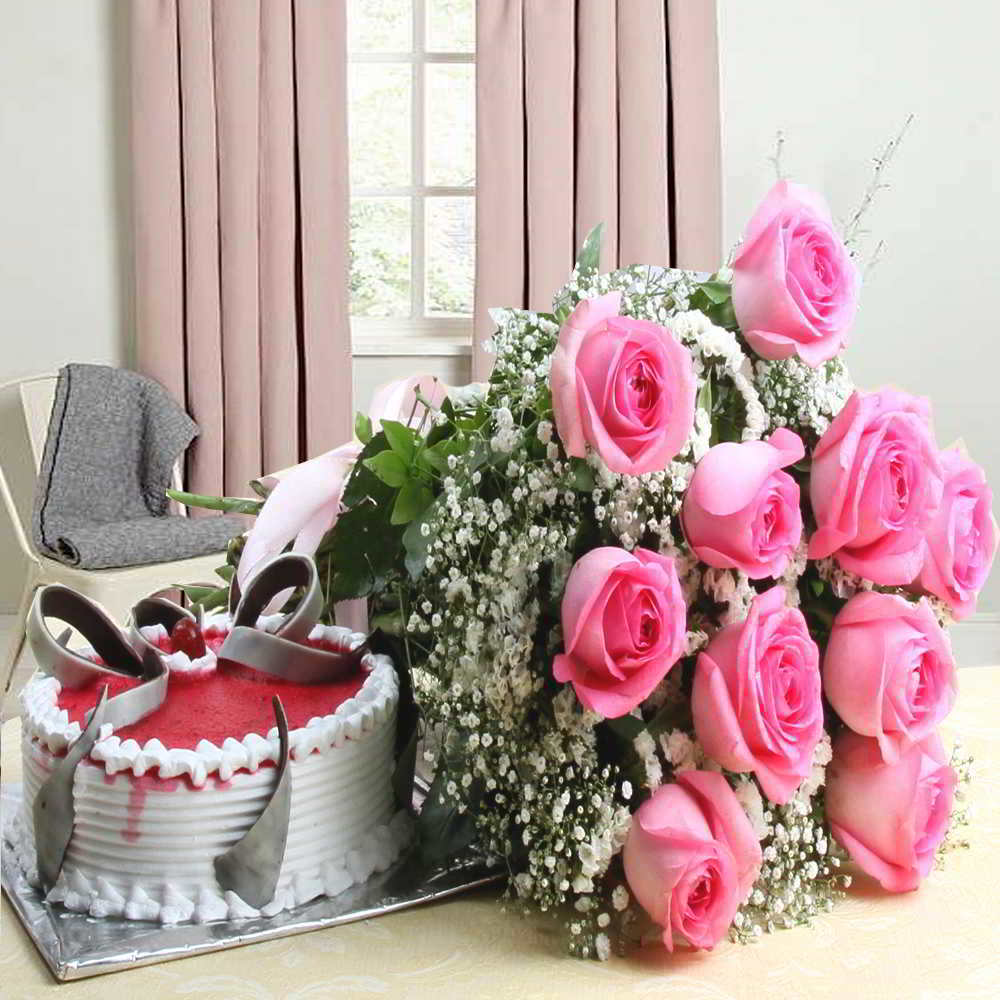Hamper of Pink Roses with Strawberry Cake for Mumbai
