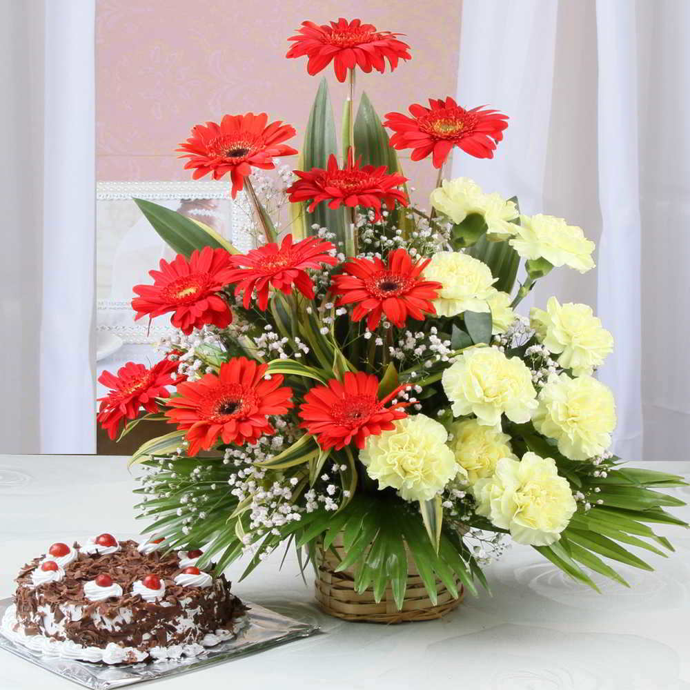 Black Forest Cake with Carnation and Gerberas Arrangement for Mumbai