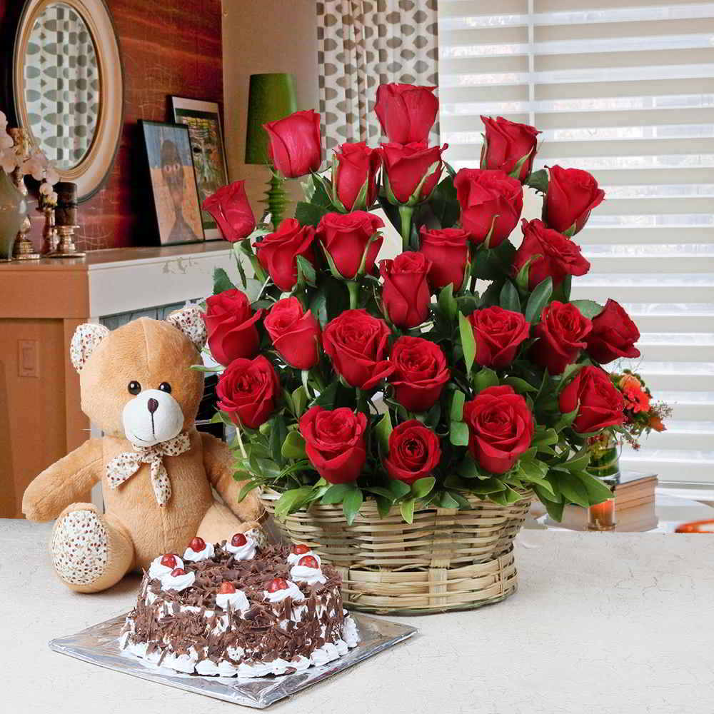 Black Forest Cake and Basket Arrangement of Red Roses with Teddy Bear for Mumbai