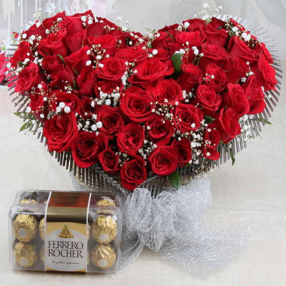 Ferrero Rocher Chocolate Box and Fifty Red Roses Heart Shape Arrangement for Mumbai