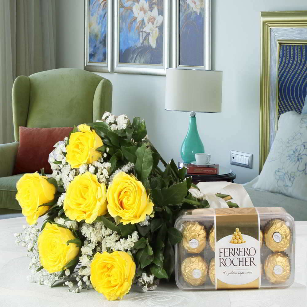 Ferrero Rocher Chocolate Box with Yellow Roses Bouquet for Mumbai