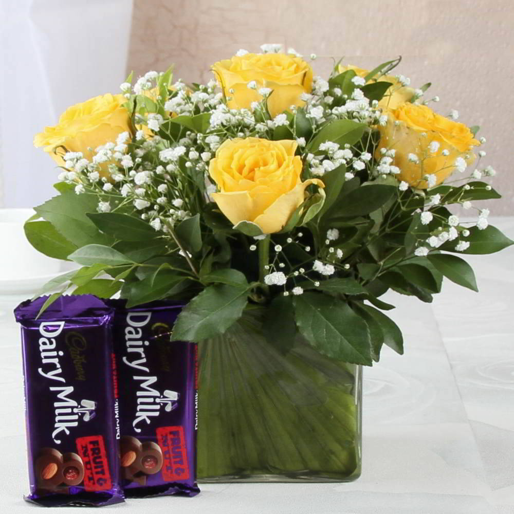 Cadbury Dairymilk Fruit n Nut Chocolate with Yellow Roses in Vase for Mumbai
